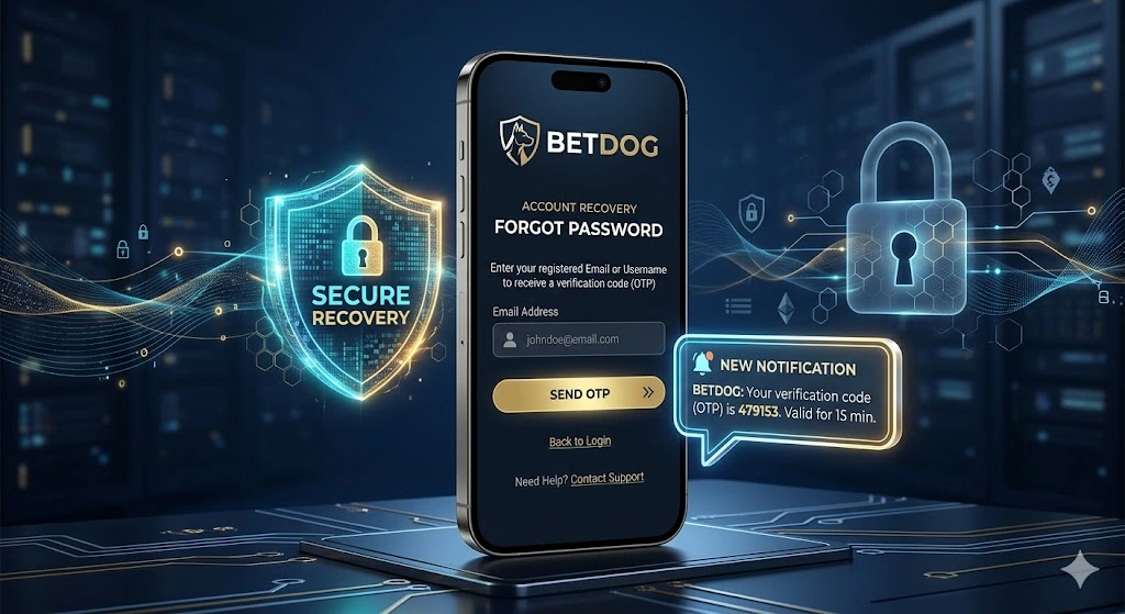 หน้าจออินเทอร์เฟซการกู้คืนบัญชีและรีเซ็ตรหัสผ่านของแพลตฟอร์ม BETDOG ผ่านระบบความปลอดภัยขั้นสูง