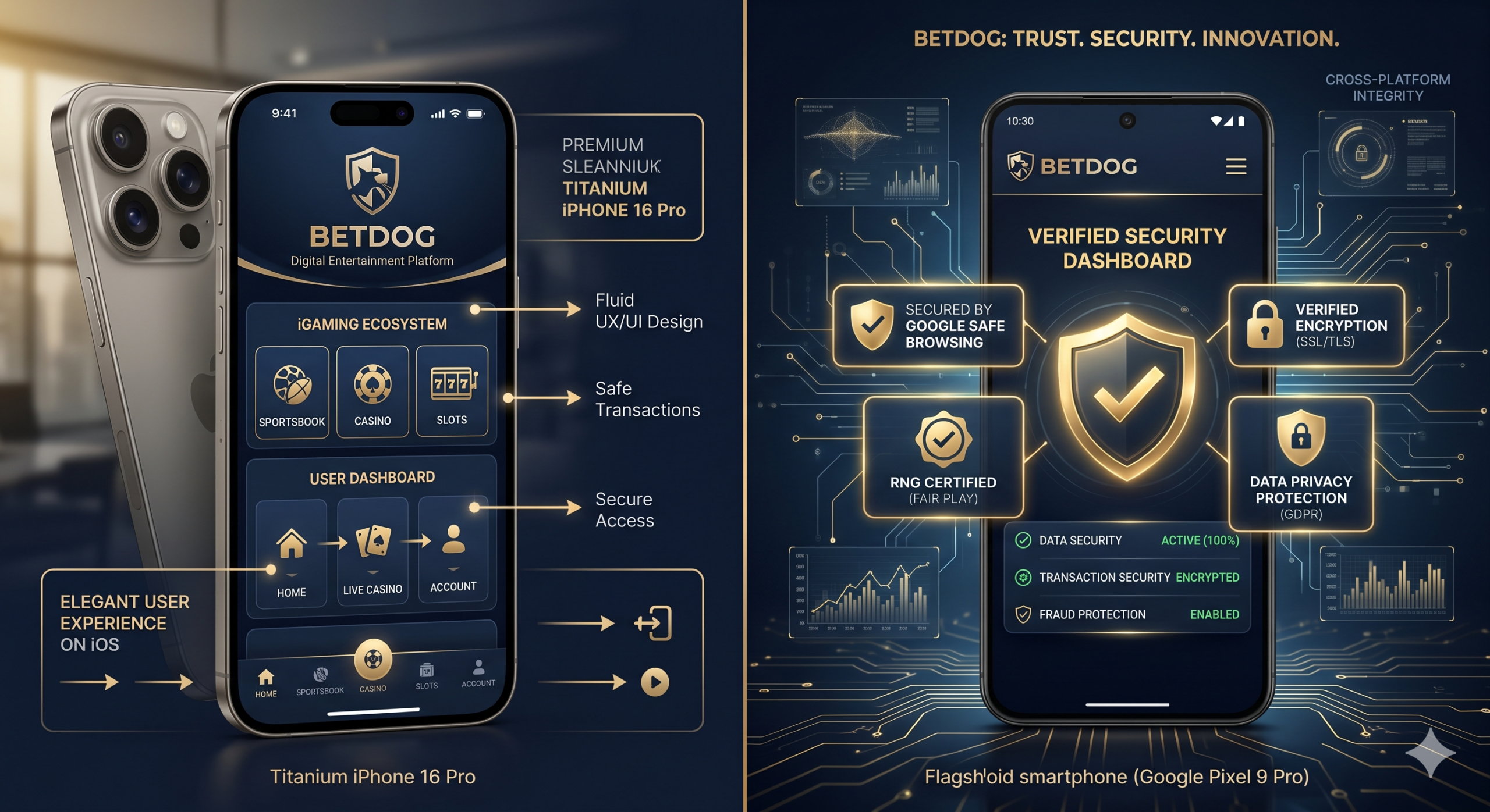แผงรีวิวแอปพลิเคชัน BETDOG บนระบบปฏิบัติการ iOS และ Android พร้อมอินเทอร์เฟซที่ปลอดภัย